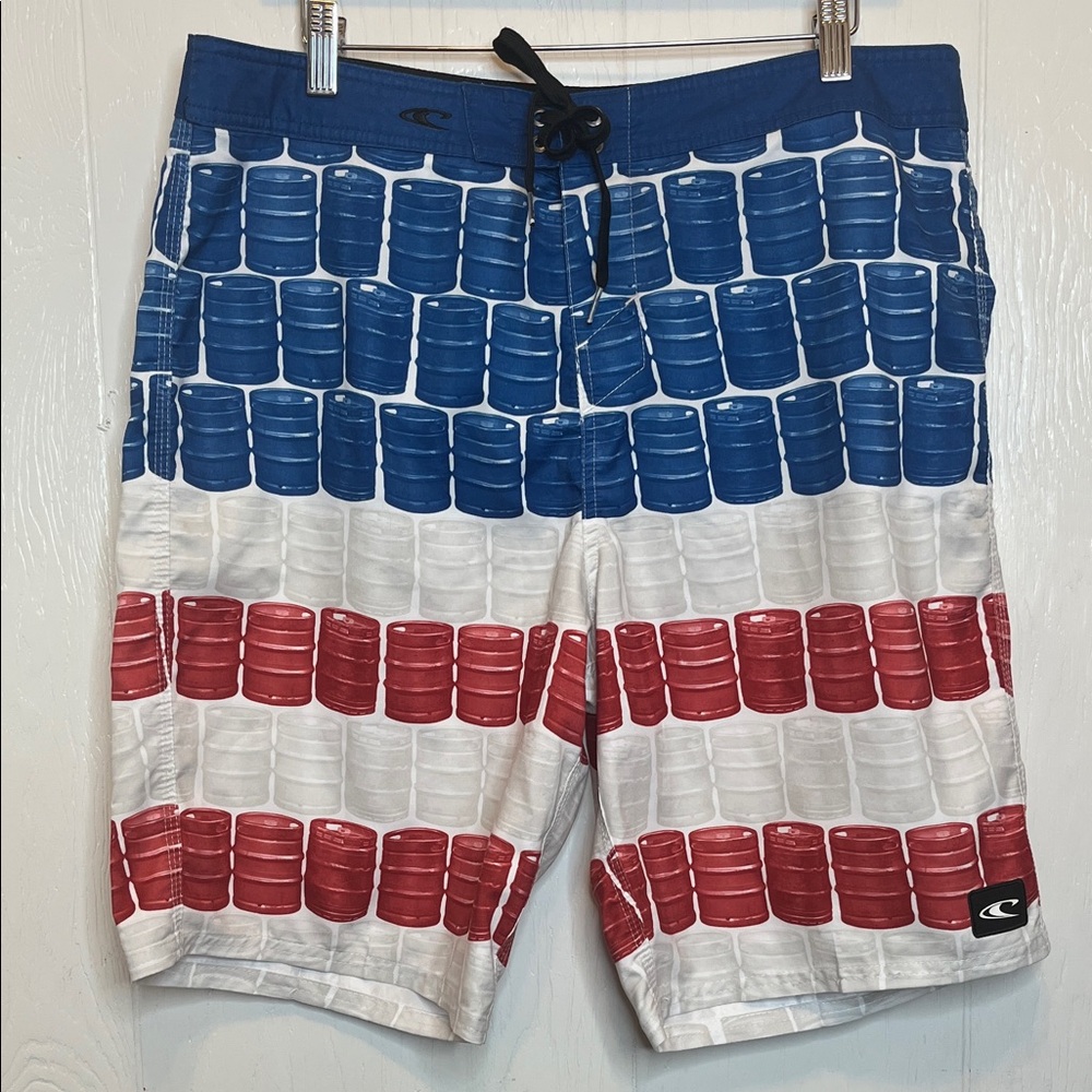 O'Neill Keg Leg Blue and Red Patterned Board Shorts 34